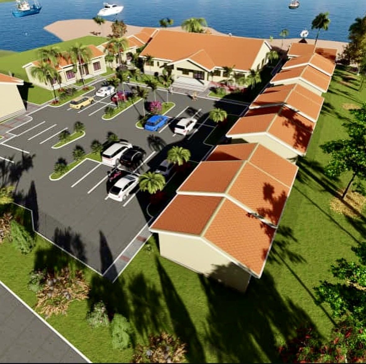 Design visualisation: aerial view of the resort beside the lake