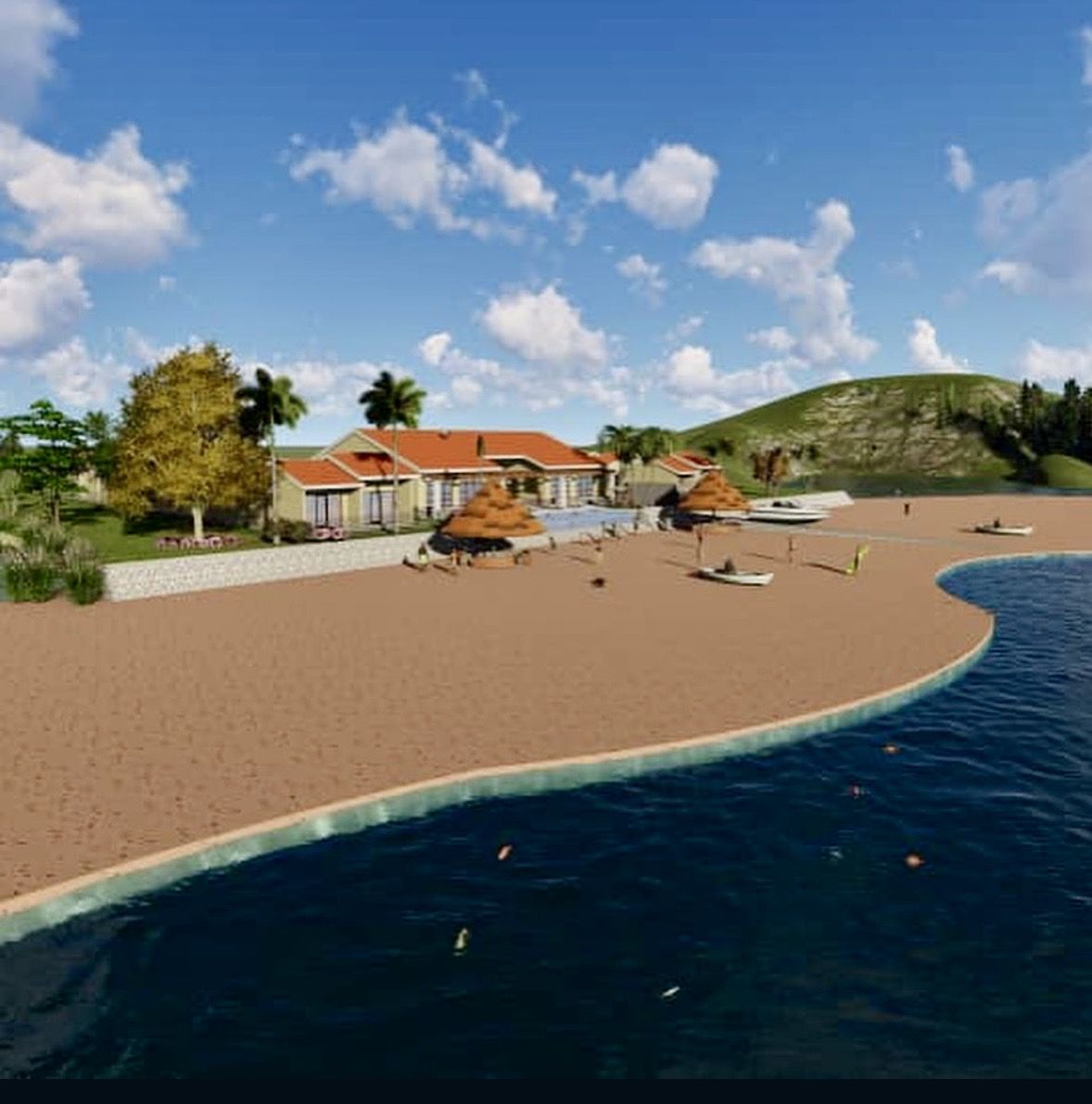 Design visualisation: private beach and lodges